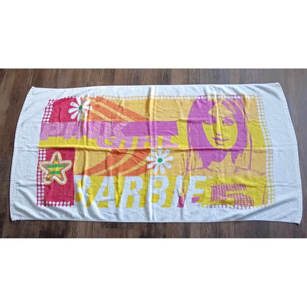 Vintage Barbie Beach Towel Pink Girl Barbie Head Colorful Mattel